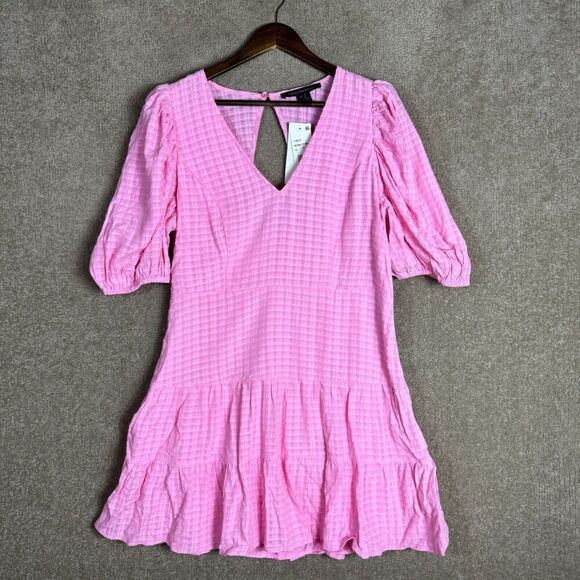 French Connection Birch Dress‎ Size 12 Pink Puff Sleeve V Neck Tiered Cutout NEW - Picture 3 of 13